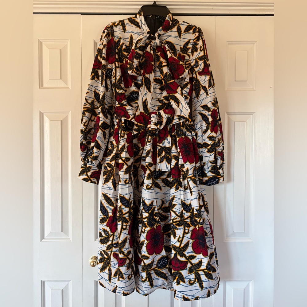 Floral/African Print Long Sleeve Dress by Ofuure. Side Pockets, back Zip. Size M